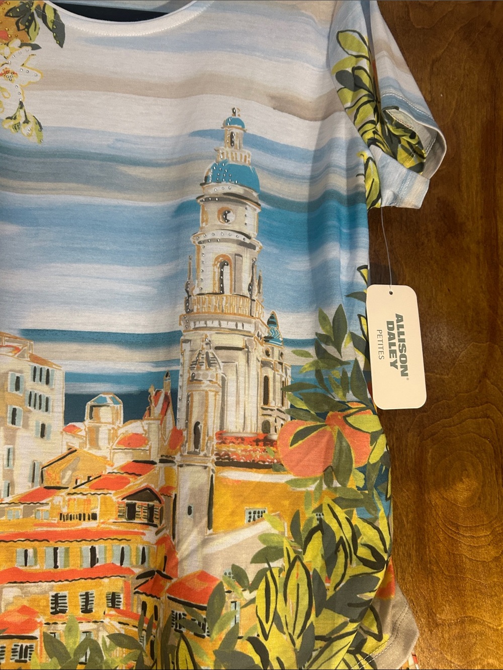 Allison Daley Coastal Village Scenic Short-Sleeve Top in Blue, Cream, Orange - Picture 5 of 7